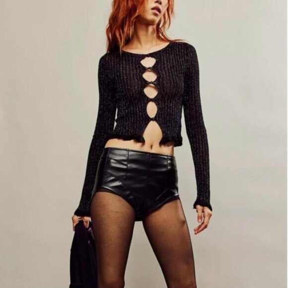 Free People Sweaters - Free People Erica Lurex Metallic Ribbed Black Y2K Coquette Girl Cardigan NWOT XS